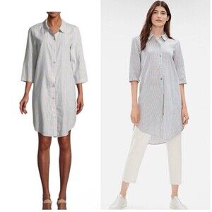 Eileen Fisher Hemp Organic Cotton Shirt Dress Tunic Top White Blue Striped L